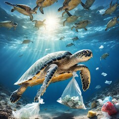 ocean turtle, plastic bags under the sea. Environmental conservation concepts and not throwing garbage - 770069480