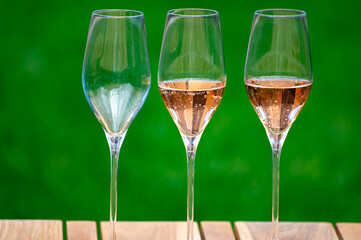 Picnic on green grass with glasses of rose champagne sparkling wine or cava, cremant produced by traditional method in caves in Champagne region, France