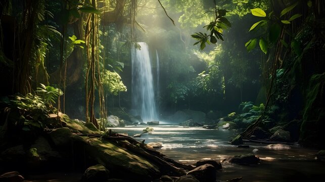 Tropical waterfall in deep rain forest. Panoramic image