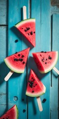 Watermelon slice popsicles displayed on a rustic blue wood background