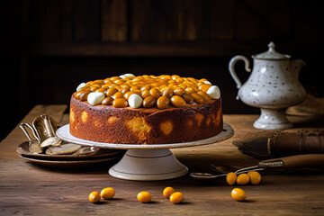 A cake with nuts on top sits on a white plate on a wooden table. The cake is surrounded by a variety of utensils, including spoons and forks. Concept of indulgence and celebration - Powered by Adobe