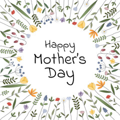 Happy Mother’s Day - Schriftzug in englischer Sprache - Alles Gute zum Muttertag. Quadratische Grußkarte mit einem Rahmen aus bunten Blumen.