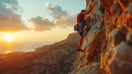 A rock climber is climbing rock mountain on his trekking trip. - obrazy, fototapety, plakaty