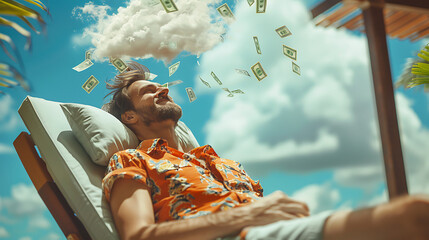 A  man sleeping with a cloud hovering above his head, within the cloud, there is a cascade of money bills gently floating [created with generative AI technology] - obrazy, fototapety, plakaty