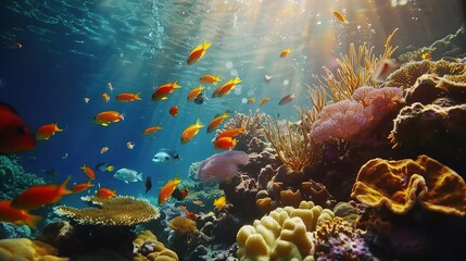 Tropical Sea Underwater Fishes on Coral Reef. Aquarium, Oceanarium, Wildlife, Marine, Panorama, Landscape, Nature, Ocean, Water, Fish, Animal, Exotic, Aquatic, Colorful, Deep
