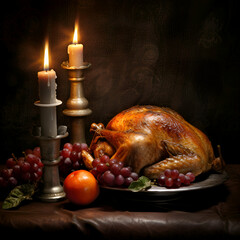 roasted turkey on a dark background with a candlestick and fruit