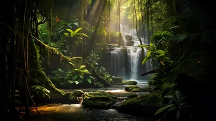 Outdoor kussens Beautiful waterfall in the rainforest. Panoramic landscape. © Iman