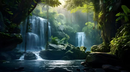 Zelfklevend Fotobehang Panoramic view of beautiful waterfall in tropical forest. Nature background © Iman