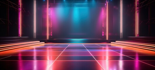 concert event stage with blue pink spotlights shine on floor with dry ice fog, Generative Ai	
 - obrazy, fototapety, plakaty