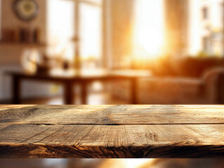 Sunlit wooden tabletop with a blurred living room interior background. Warm home atmosphere mockup with copy space. High quality photo