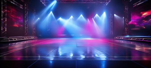concert event stage with blue pink spotlights shine on floor with dry ice fog, Generative Ai	

