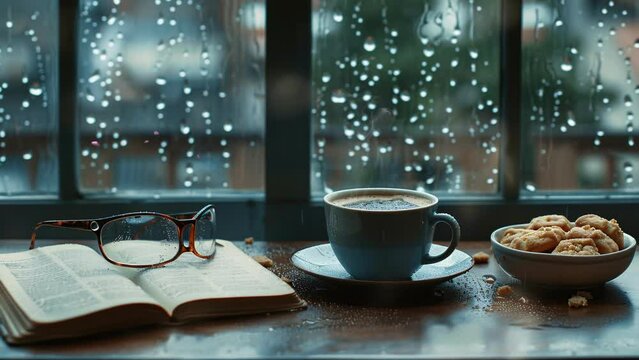 Cup of Coffee Paired with Book on Wooden Table. Seamless Looping 4k Video Animation