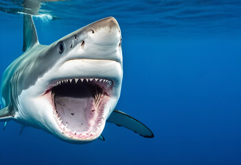 Great white shark in deep blue water. - 770070203