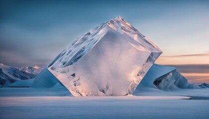 massive, clear crystal-like iceberg sits atop a bed of snow. The sky is a gradient of blue and purple. - 770070244