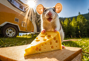 Rat eating cheese next to camping trailer rv - 770070250