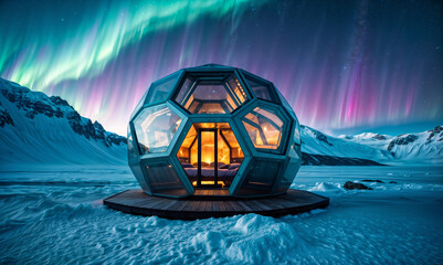 transparent pod-like structure with a bed inside, placed on snow. The background features the Northern Lights. - 770070418