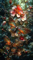 Colorful stained glass window depicting two butterflies and flowers. Butterflies have iridescent wings and a dark green background. - obrazy, fototapety, plakaty
