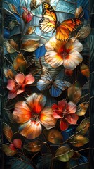 Colorful stained glass window with butterflies and flowers on a dark blue background. - obrazy, fototapety, plakaty