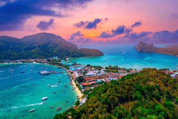 Aerial top view Phi Phi island, Krabi Province, Thailand sunset. Travel Thai vacation on tropical place with resorts - obrazy, fototapety, plakaty