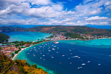 Aerial view Koh Phi Phi Don island in Andaman Sea from drone in Province of Krabi, Thailand