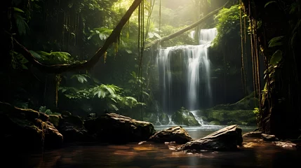 Abwaschbare Fototapete Beautiful waterfall in tropical rain forest. Panoramic view of a waterfall in the jungle. © Iman
