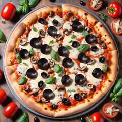 Delicious pizza with mushrooms and olives. Top view - 770070675