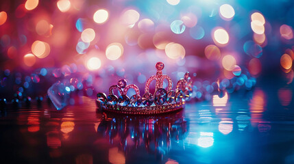 A close-up of a prom queen's tiara sparkling under the dimmed lights of the dance floor - love and...