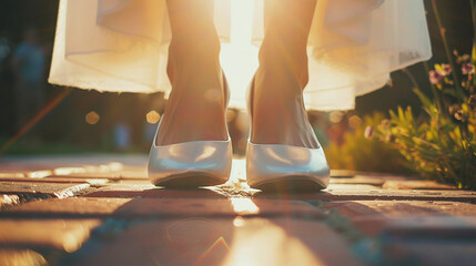A close-up shot of a graduate's shoes, shining brightly as they take their first steps into the future - love and purity, beauty and lightness, happiness and joy