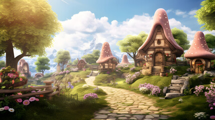 Enchanting Forest Gnome Village: A Whimsical Harmony of Mushroom Homes, Cobblestone Paths, and Cherry Blossoms - obrazy, fototapety, plakaty
