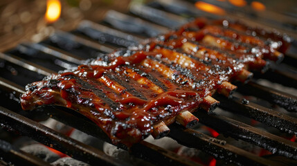 Ribs are being cooked on a grill and are covered in barbecue sauce