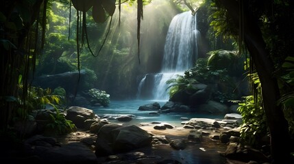 Panoramic view of beautiful waterfall in tropical rainforest. Panorama of waterfall in deep forest.