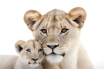 Protective Embrace: Lioness and Cub Close-up on White Background