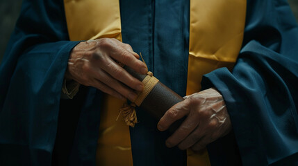A close-up shot of a graduate's hands clutching their diploma with pride and excitement - love and purity, beauty and lightness, happiness and joy