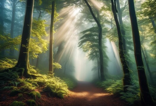 illustration, misty forest landscape foggy atmosphere trees light scenic nature pictures, rays, atmospheric, woods, woodland, haze, tranquil, serene, background, magical, image