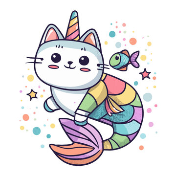 A whimsical colorful cat unicorn mermaid