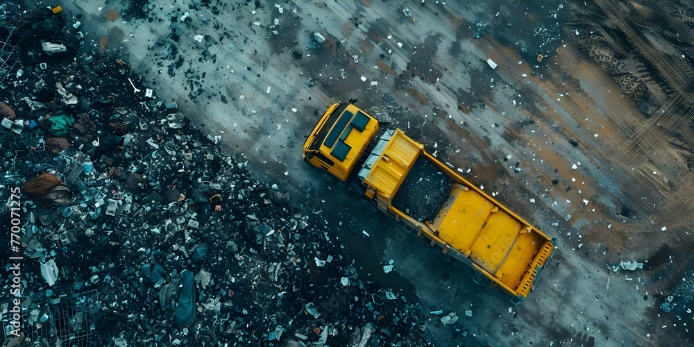 Poster environmental concerns and waste management practices highlighted by aerial view of garbage truck un