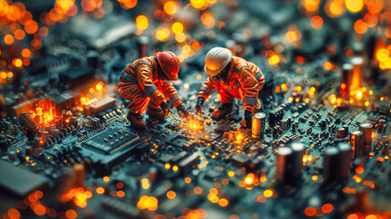 miniature construction worker doing repair work on a computer circuit board, computer engineering concept - obrazy, fototapety, plakaty