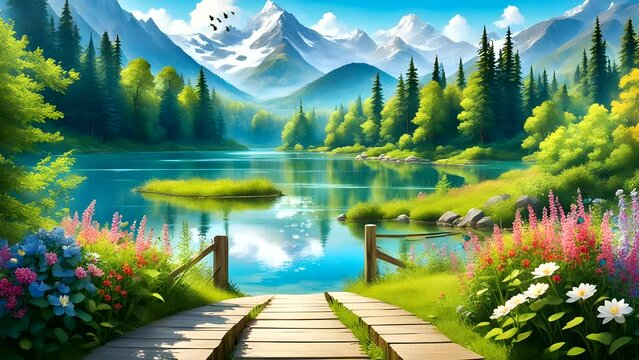 Idyllic mountain lake with blooming flowers, lush green trees, wooden fence, and vibrant colors under a clear blue sky. Seamless looping 4k time-lapse video animation background 

