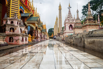 views of thanboddhay complex in monywa, myanmar - obrazy, fototapety, plakaty