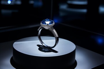 Ring with sapphire and diamond on the podium