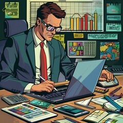 Cartoon illustration, portrait of office worker man typing laptop and using smartphone, business and finance. AI generation. Graphs and diagramas on background	 - obrazy, fototapety, plakaty