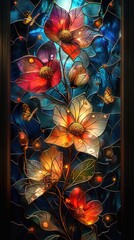 Nature-themed stained glass ornament with butterfly and flower patterns against a dark blue hue. - obrazy, fototapety, plakaty