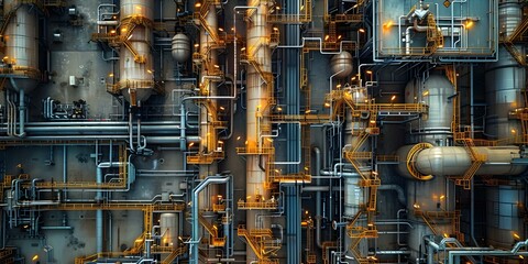 Industrial oil refinery with storage tanks pipelines and structures in a petrochemical complex. Concept Industrial Development, Oil Refinery, Petrochemical Complex, Storage Tanks, Pipelines - obrazy, fototapety, plakaty