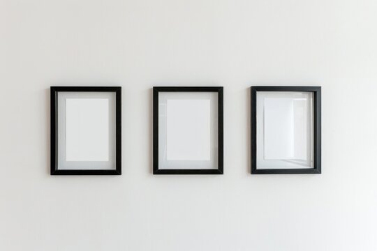3 empty black picture frames on a white wall