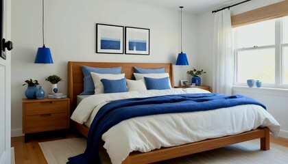 Simple and cozy bedroom with blue accents luxury modern created with generative ai