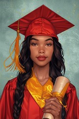 a young graduate stands proudly, draped in a red cap and gown with a yellow stole - obrazy, fototapety, plakaty