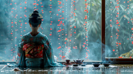 A woman in a kimono sits in front of a window with red flowers - obrazy, fototapety, plakaty