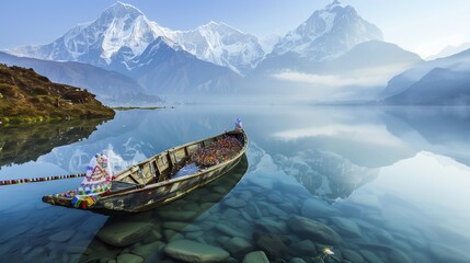 A peaceful, early morning shot of a crystal-clear lake reflecting the Annapurna range, with a single, beautifully crafted wooden boat adorned with New Year’s decorations