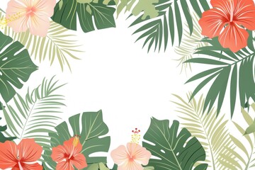 Tropical floral border with leaves and flowers on white background vector illustration - obrazy, fototapety, plakaty