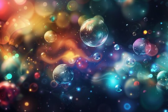 A digital art of colorful bubbles and spheres floating in space